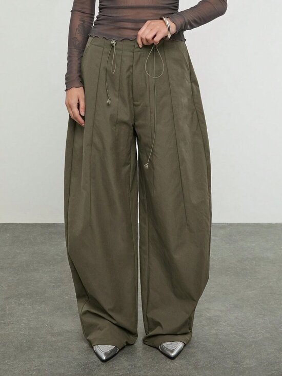 Pants - Green Casual Women's Mid Balloon Pleated Nylon Trousers